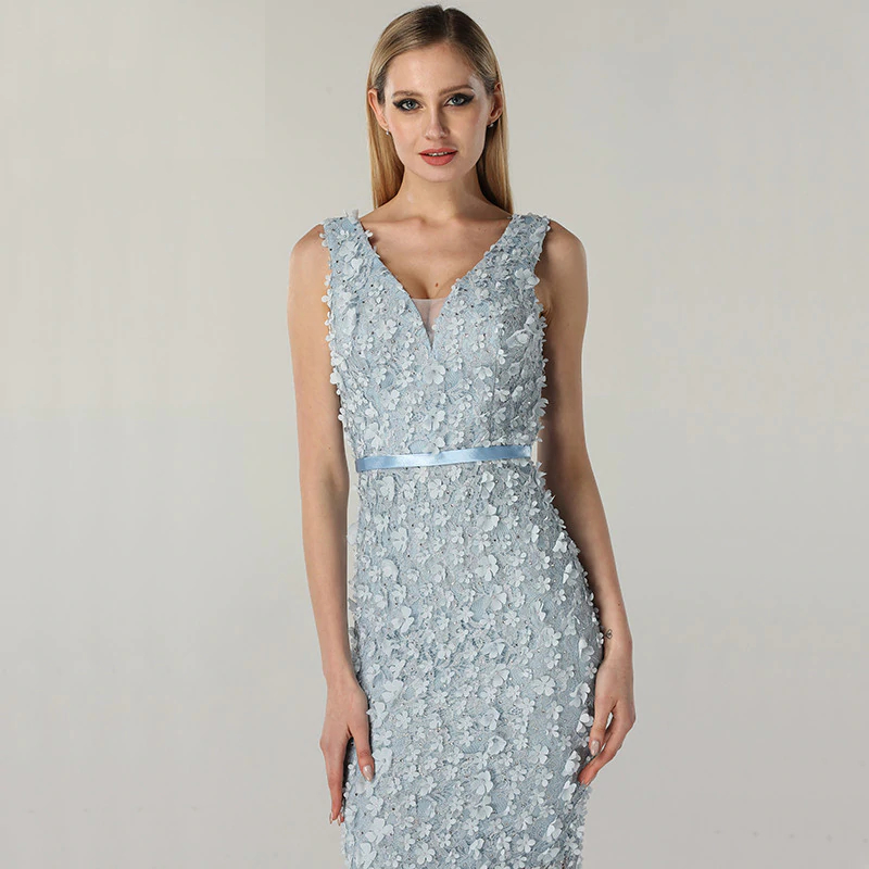 Blue V Neck Sleeveless Sexy Cocktail Dress Handmade Flowers Pearls Fashion Elegant Evening Gowns