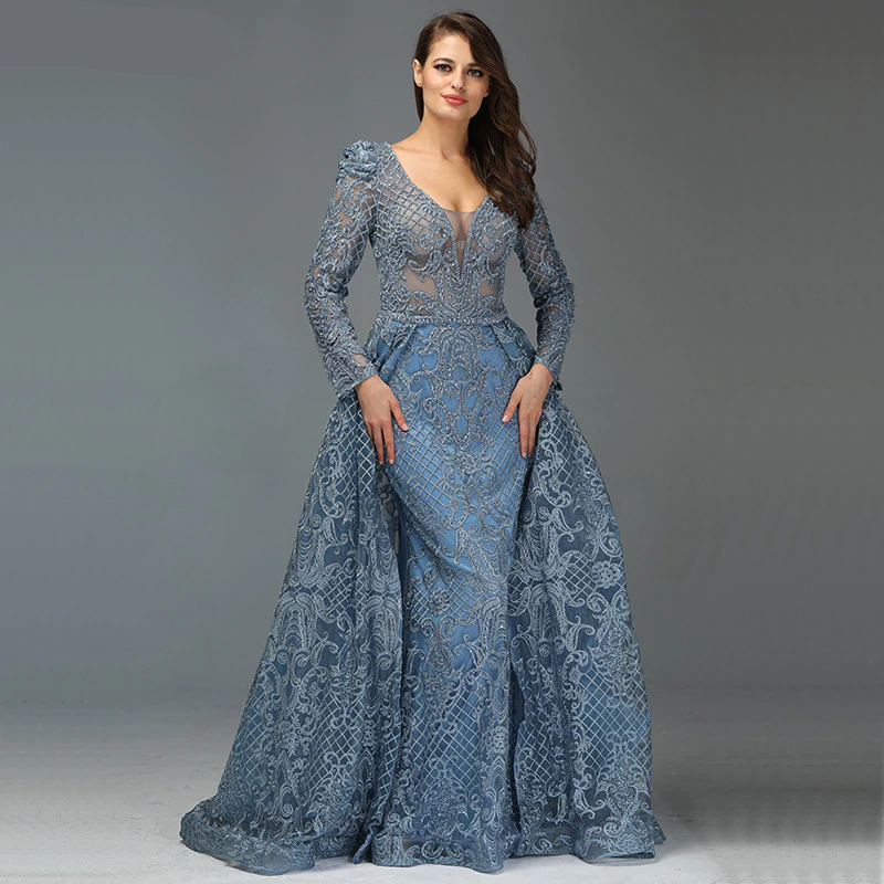 Fleepmart Dubai Blue Luxury Long Sleeves Evening Dresses 2019 V-Neck ...