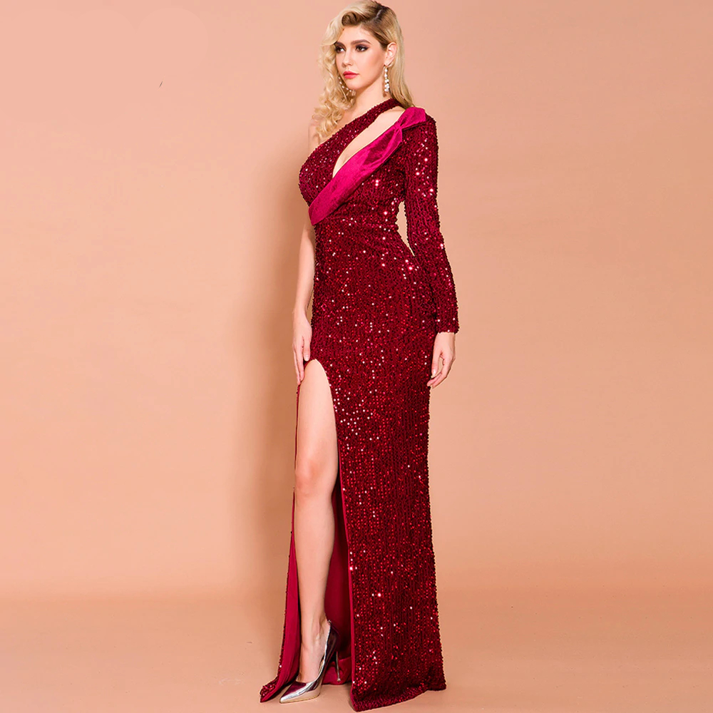 Fleepmart 2020 Women Sexy Irregular Neck One Shoulder Sequin Dresses Female Elegant High Split 