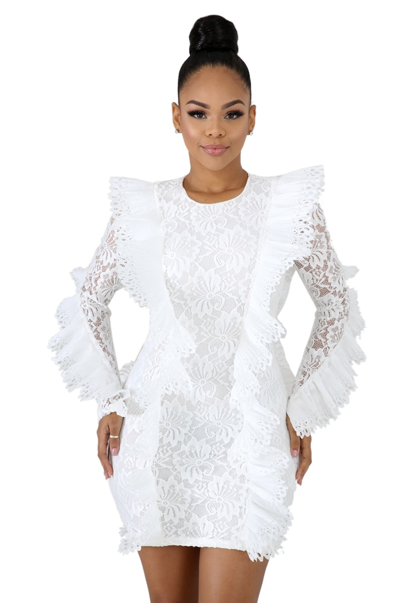 Fleepmart Stylish New Women Sexy Ruffle Lace Bodycon Dress O Neck Long Sleeve Sheath Mini Evening Party Dress Night Club Outfits Fleepmart Stylish New Women Sexy Ruffle Lace Bodycon Dress O Neck Long Sleeve Sheath Mini Evening Party Dress Night Club Outfits