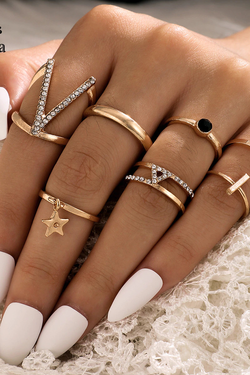 Fleepmart 7pcs Sets Boho Letter V Star Jpint Ring Sets For Women Gold Color Alloy Metal Party Jewelry Accessories Anillo