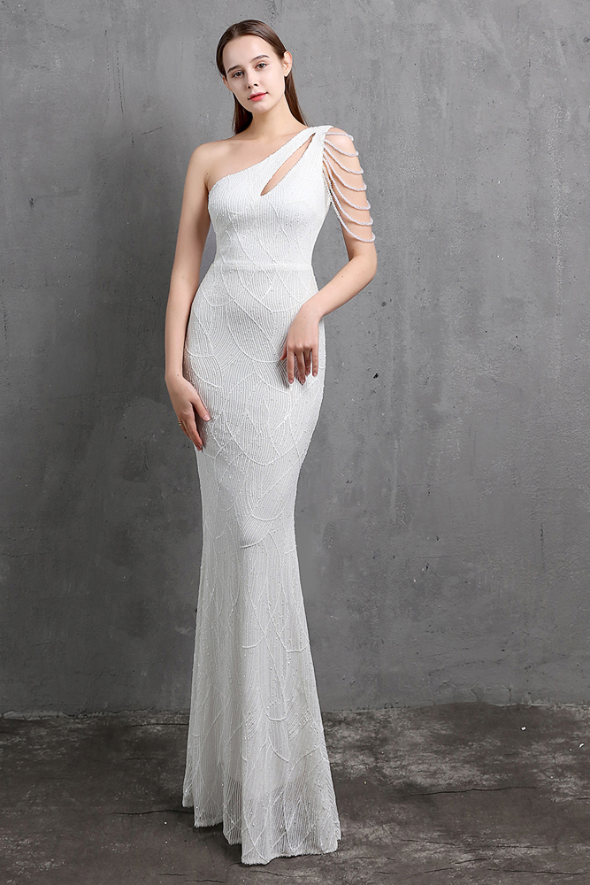 Fleepmart Elegant One Shoulder White Sequin Evening Dress 2021 Women ...