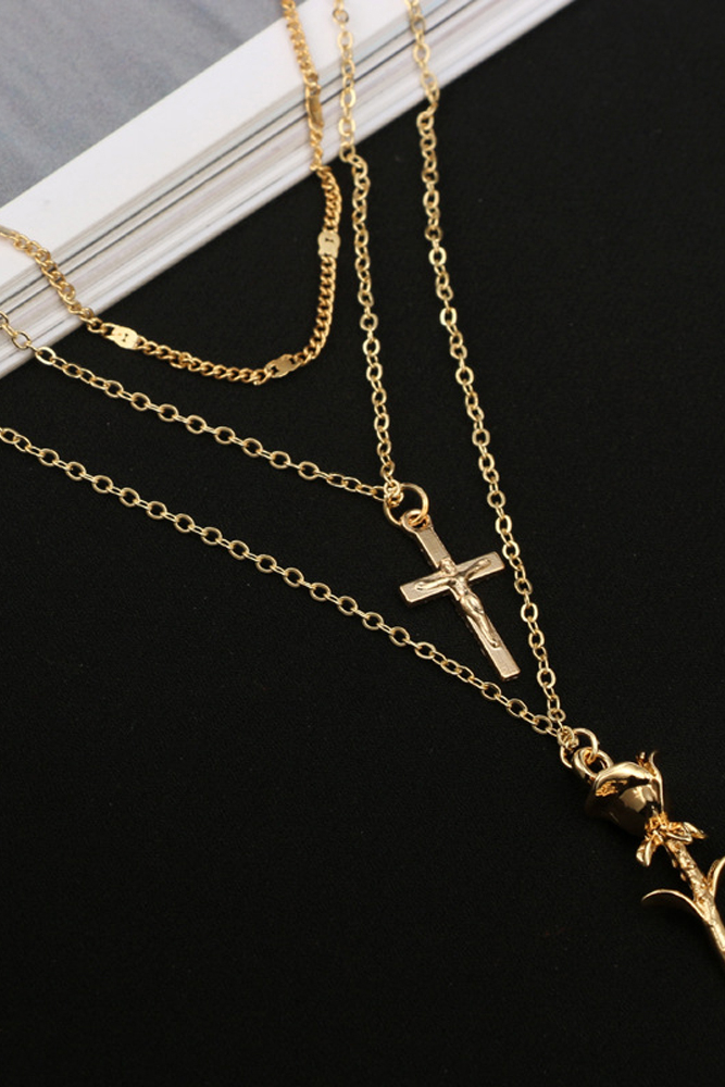 Fleepmart New Bohemian Multilayer Rose Cross Pendant Necklace for Women ...