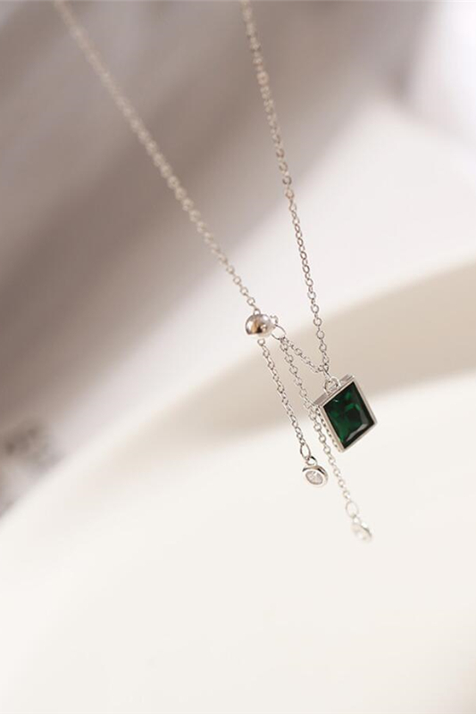 Fleepmart Square Green Crystal Retro Simple Personality 925 Sterling ...