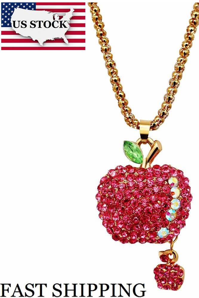 Fleepmart US STOCK Uloveido Women Hot Pink Bling Crystal Rhinestone Apple Pendant Sweater Chain Long Necklace Christmas Decoration Fleepmart US STOCK Uloveido Women Hot Pink Bling Crystal Rhinestone Apple Pendant Sweater Chain Long Necklace Christmas Decoration