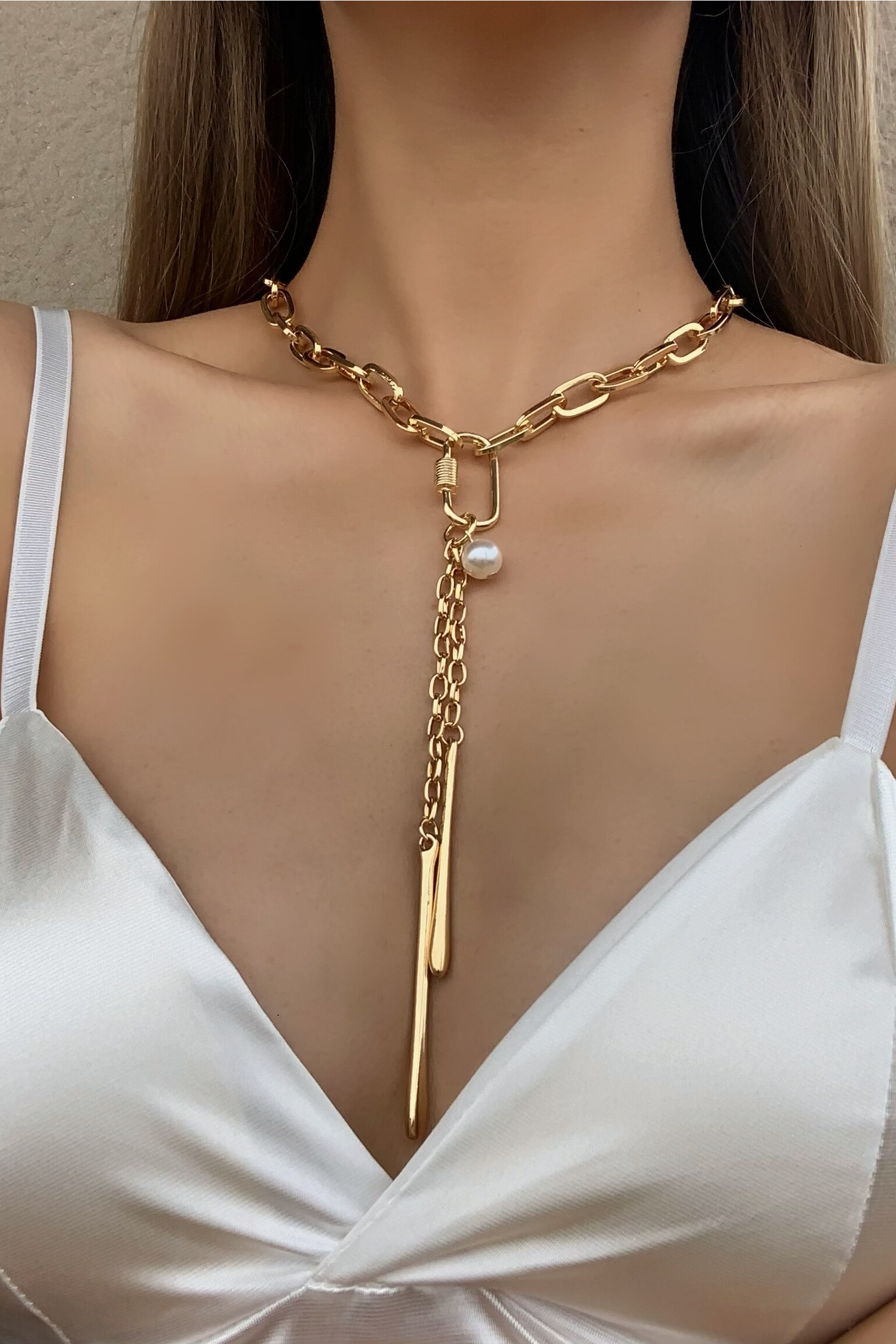 Fleepmart Gold Color Chain Necklace For Women New Design Pearl Metal Long Chain Geometric
