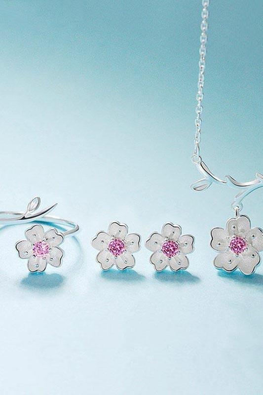 fleepmart 925 Sterling Silver Prevent Allergy Jewelry Sets Gifts Charm Women Trendy Cherry Flower Handmade Necklace+Earrings+Ring fleepmart 925 Sterling Silver Prevent Allergy Jewelry Sets Gifts Charm Women Trendy Cherry Flower Handmade Necklace+Earrings+Ring