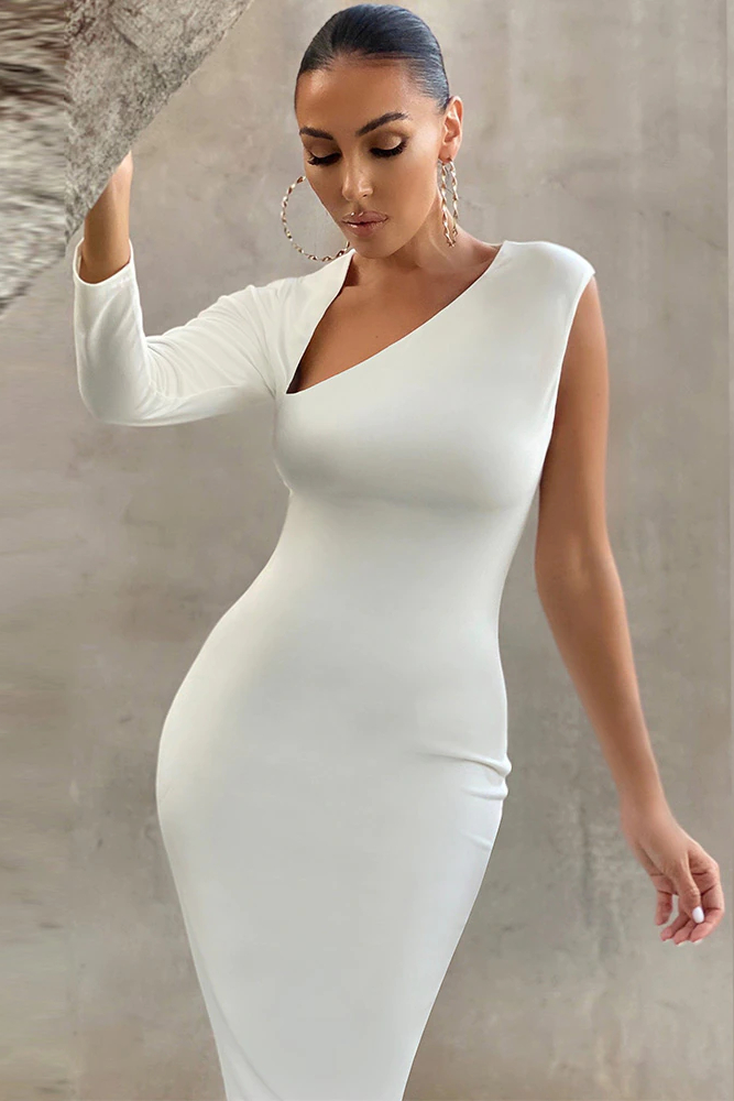 Fleepmart One Shoulder Midi Bandage Dress 2022 Christmas New Year White Bandage Dress Bodycon