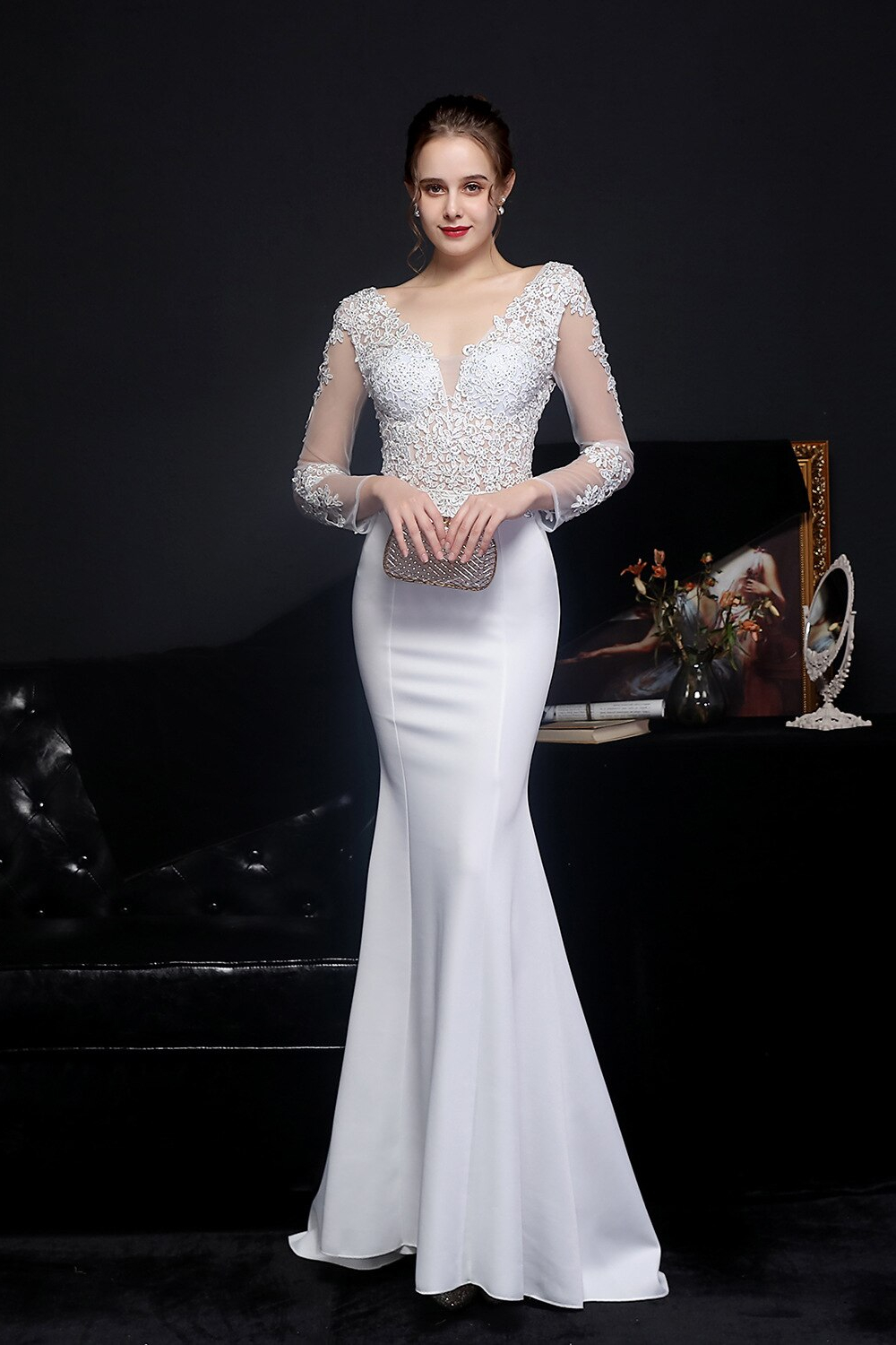 Fleepmart White Long Dress V Neck Appliques Full Sleeve Evening Dress See Through Elegant