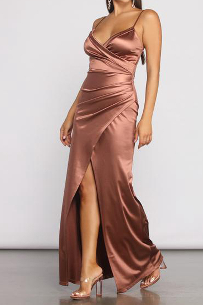 Fleepmart Sexy V Neck Sleeveless Satin Maxi Dress Stretchy Satin