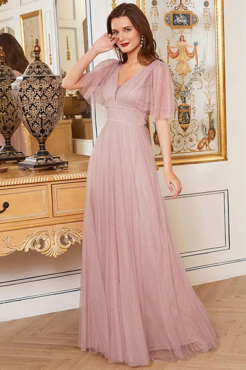 Fleepmart Elegant Evening Dresses V Neck Short Sleeve A Line Chiffion Floor Length Gown