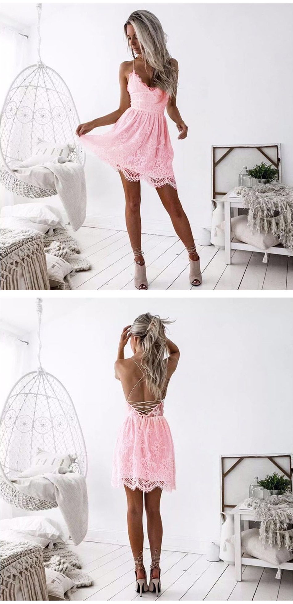 Women's Summer Lace Mini Party Dress with Deep V-Neck