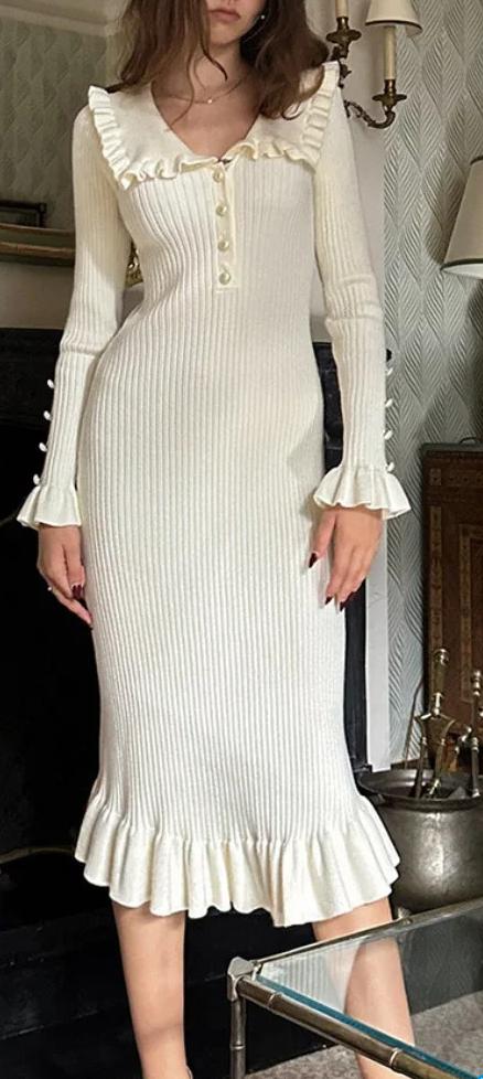 Fleepmart High Waist Ruffled Maxi Dresses For Women Autumn Winter Knitted Slim Long Dress Women’s Vintage Dress Woman Retro Elegant Fleepmart High Waist Ruffled Maxi Dresses For Women Autumn Winter Knitted Slim Long Dress Women's Vintage Dress Woman Retro Elegant