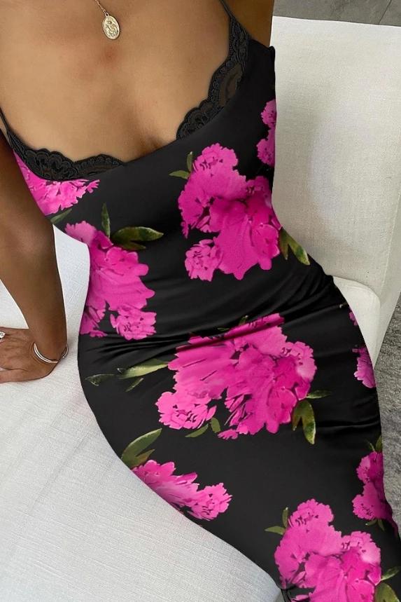 Fleepmart Elegant Women’s Dresses Casual Vacation Floral Print Lace Trim Fashion Temperament U-Neck Maxi Bodycon Dress Summer 2024 New Fleepmart Elegant Women's Dresses Casual Vacation Floral Print Lace Trim Fashion Temperament U-Neck Maxi Bodycon Dress Summer 2024 New