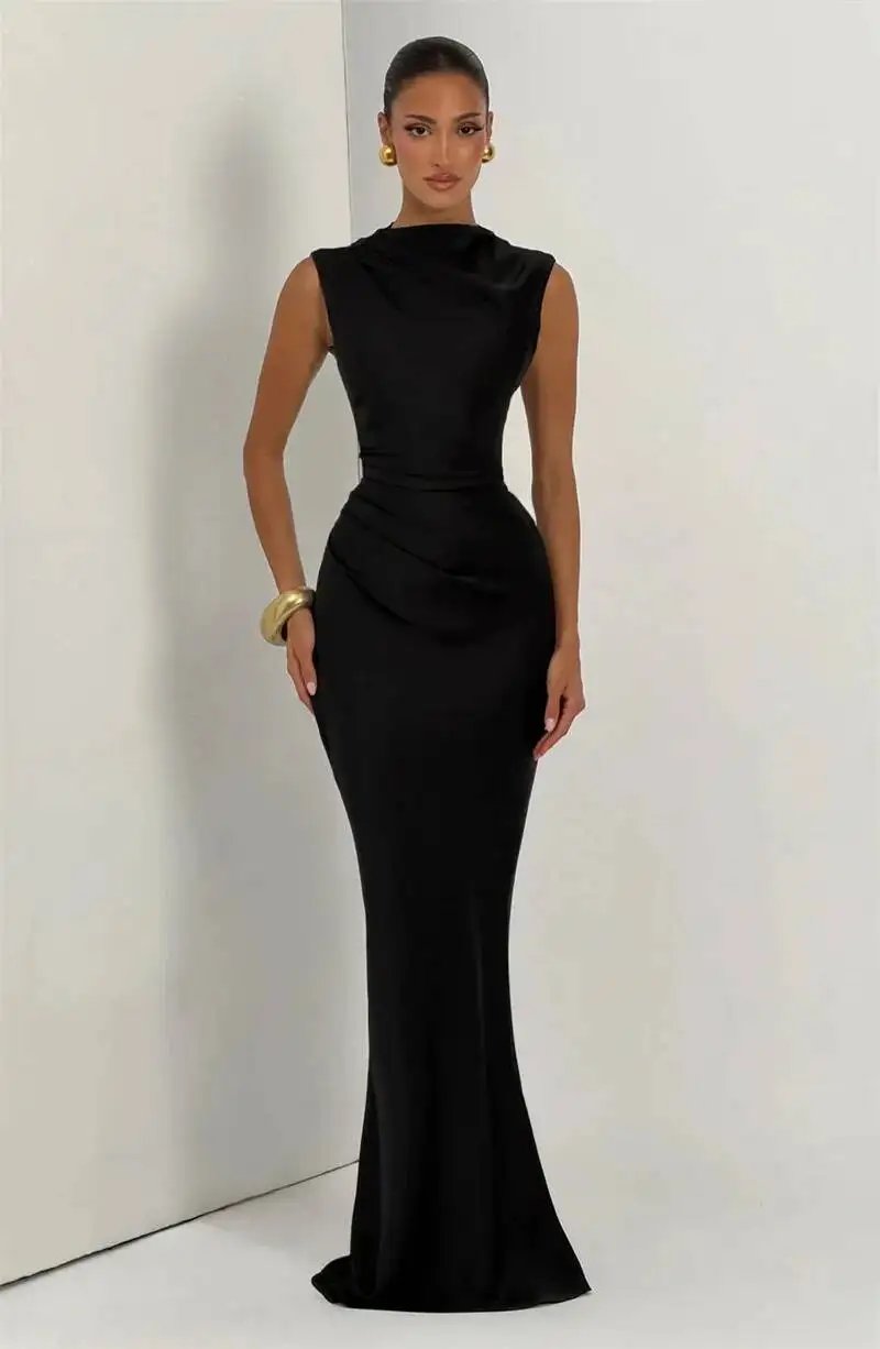 Fleepmart Satin Cowl Neck Mermaid Maxi Dress Women Elegant Sleeveless Draped Ruched Bodycon Long Evening Party Gown Vestidos