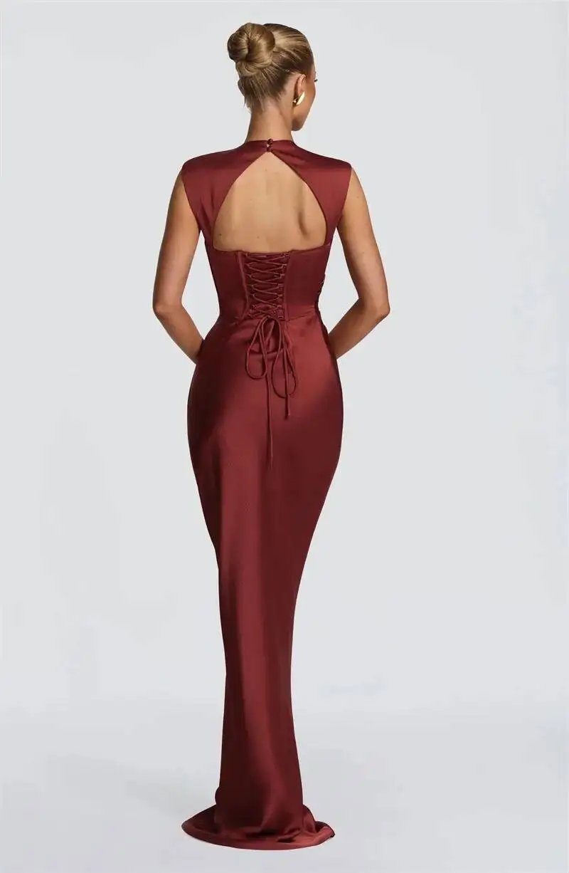 Fleepmart Satin Cowl Neck Mermaid Maxi Dress Women Elegant Sleeveless Draped Ruched Bodycon Long Evening Party Gown Vestidos