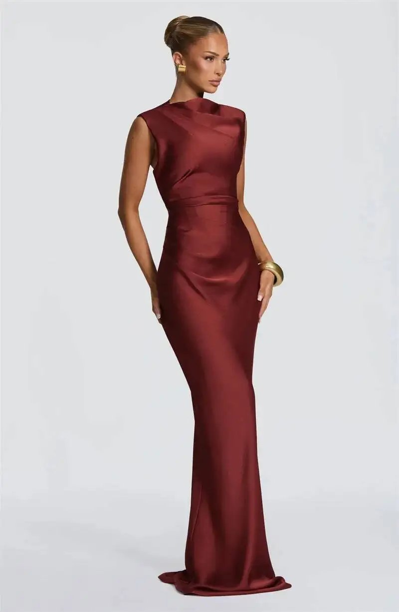 Fleepmart Satin Cowl Neck Mermaid Maxi Dress Women Elegant Sleeveless Draped Ruched Bodycon Long Evening Party Gown Vestidos