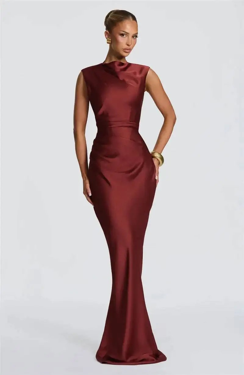 Fleepmart Satin Cowl Neck Mermaid Maxi Dress Women Elegant Sleeveless Draped Ruched Bodycon Long Evening Party Gown Vestidos
