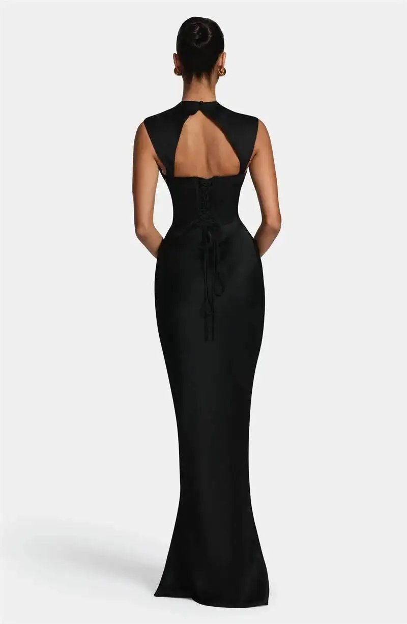 Fleepmart Satin Cowl Neck Mermaid Maxi Dress Women Elegant Sleeveless Draped Ruched Bodycon Long Evening Party Gown Vestidos