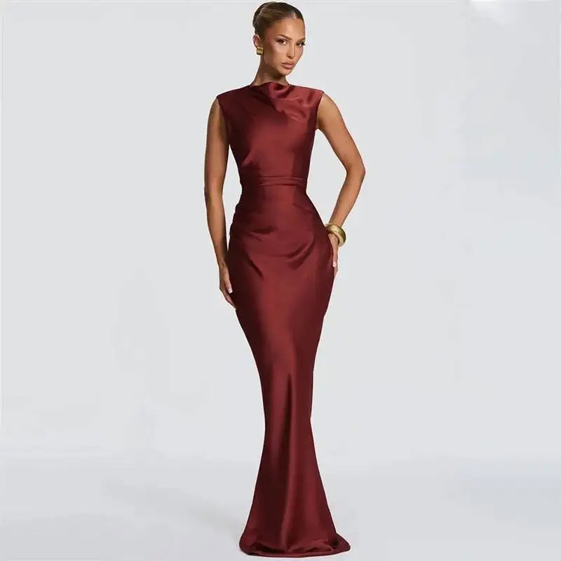 Fleepmart Satin Cowl Neck Mermaid Maxi Dress Women Elegant Sleeveless Draped Ruched Bodycon Long Evening Party Gown Vestidos