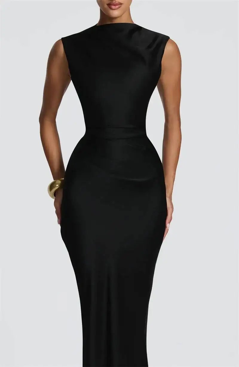 Fleepmart Satin Cowl Neck Mermaid Maxi Dress Women Elegant Sleeveless Draped Ruched Bodycon Long Evening Party Gown Vestidos