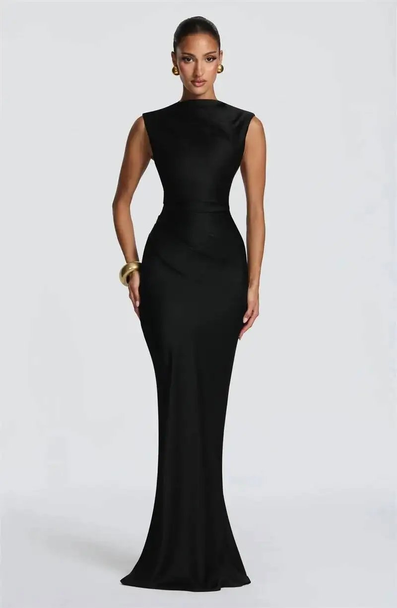 Fleepmart Satin Cowl Neck Mermaid Maxi Dress Women Elegant Sleeveless Draped Ruched Bodycon Long Evening Party Gown Vestidos