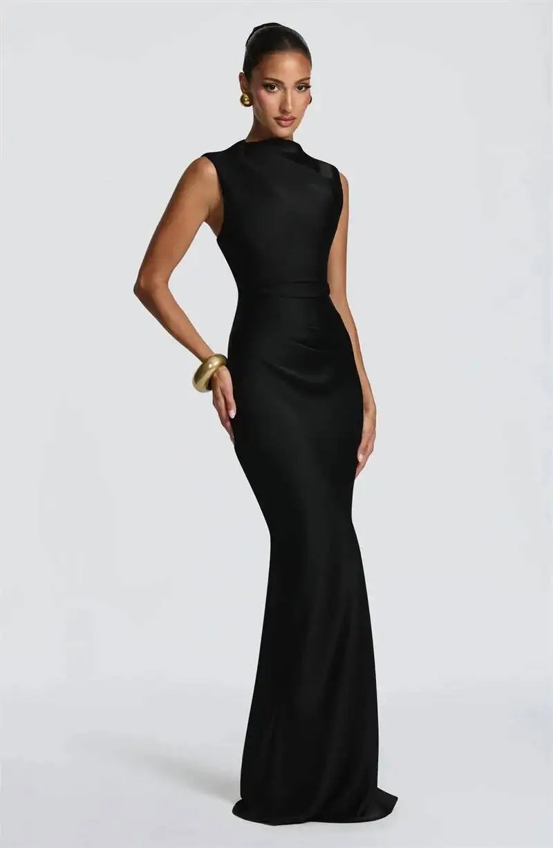 Fleepmart Satin Cowl Neck Mermaid Maxi Dress Women Elegant Sleeveless Draped Ruched Bodycon Long Evening Party Gown Vestidos