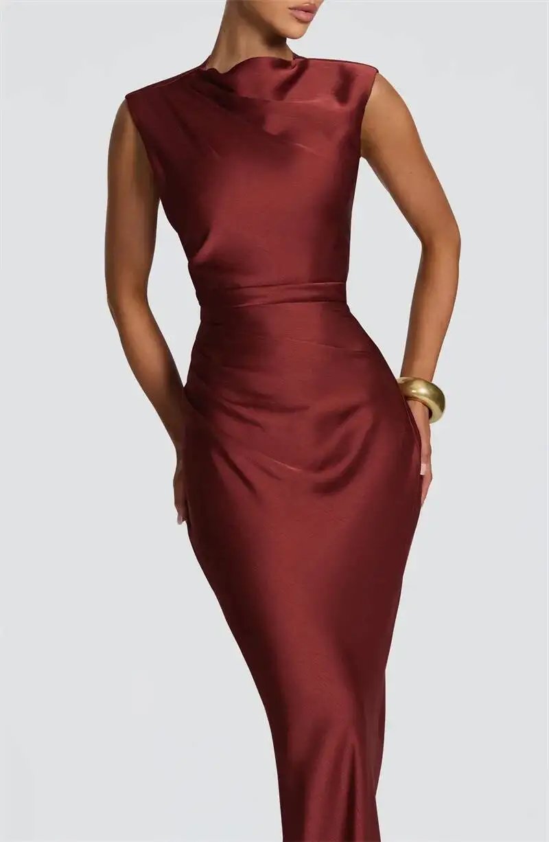 Fleepmart Satin Cowl Neck Mermaid Maxi Dress Women Elegant Sleeveless Draped Ruched Bodycon Long Evening Party Gown Vestidos