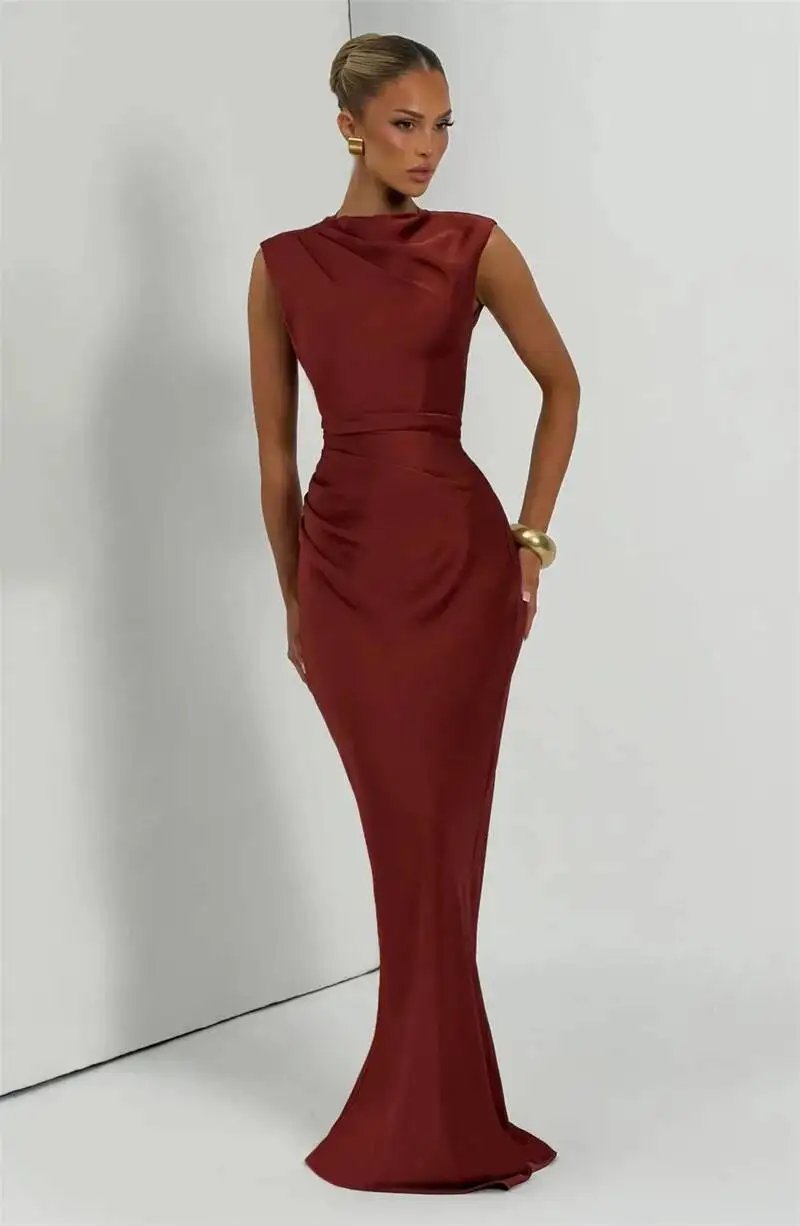 Fleepmart Satin Cowl Neck Mermaid Maxi Dress Women Elegant Sleeveless Draped Ruched Bodycon Long Evening Party Gown Vestidos