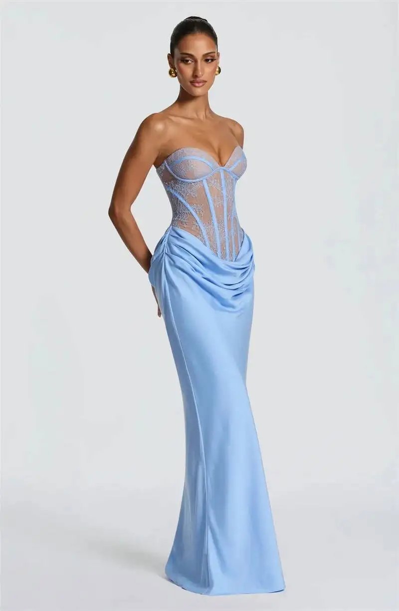 Fleepmart Lace Corset Satin Mermaid Maxi Dress Women Elegant Strapless Sweetheart Neck Ruched Waist Bodycon Evening Party Gown Fleepmart Lace Corset Satin Mermaid Maxi Dress Women Elegant Strapless Sweetheart Neck Ruched Waist Bodycon Evening Party Gown