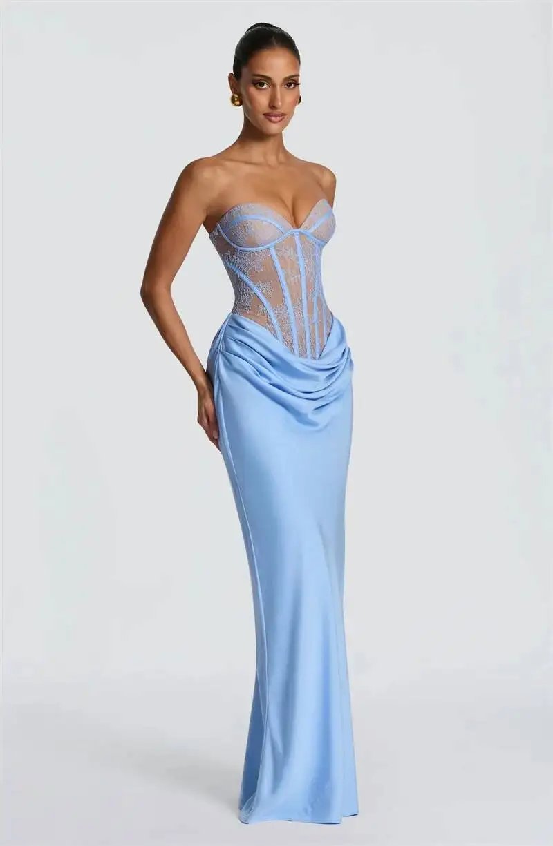 Fleepmart Lace Corset Satin Mermaid Maxi Dress Women Elegant Strapless Sweetheart Neck Ruched Waist Bodycon Evening Party Gown Fleepmart Lace Corset Satin Mermaid Maxi Dress Women Elegant Strapless Sweetheart Neck Ruched Waist Bodycon Evening Party Gown