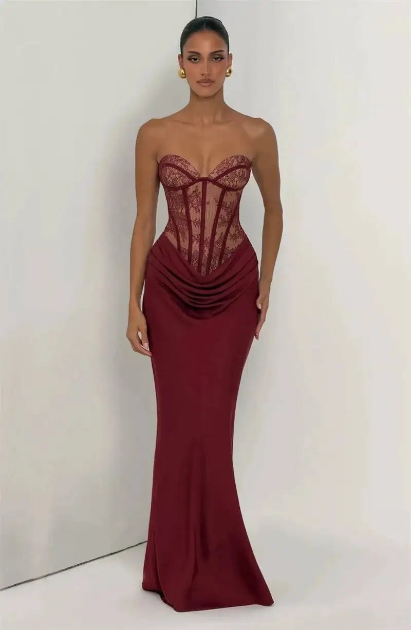 Fleepmart Lace Corset Satin Mermaid Maxi Dress Women Elegant Strapless Sweetheart Neck Ruched Waist Bodycon Evening Party Gown Fleepmart Lace Corset Satin Mermaid Maxi Dress Women Elegant Strapless Sweetheart Neck Ruched Waist Bodycon Evening Party Gown