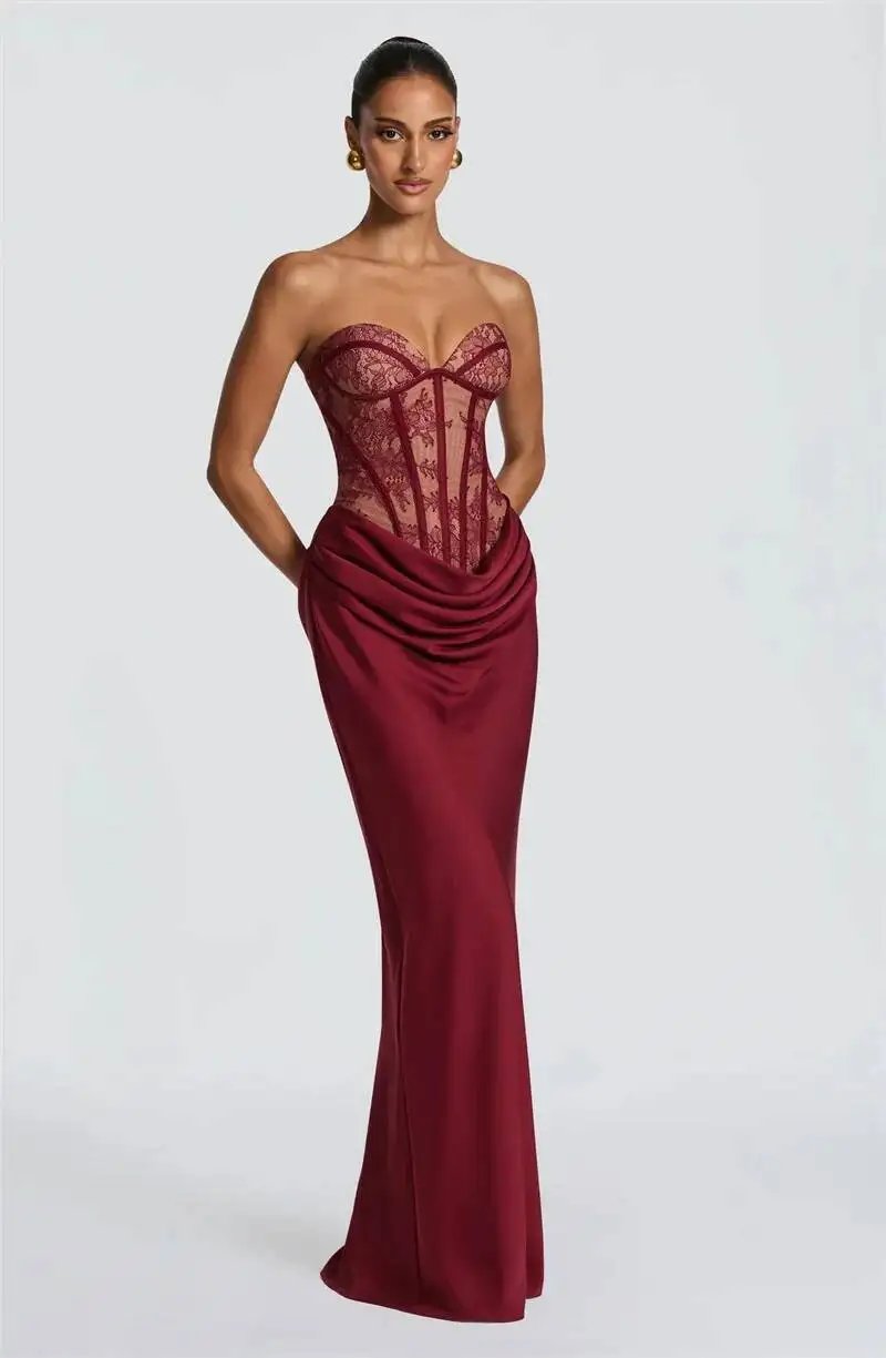 Fleepmart Lace Corset Satin Mermaid Maxi Dress Women Elegant Strapless Sweetheart Neck Ruched Waist Bodycon Evening Party Gown Fleepmart Lace Corset Satin Mermaid Maxi Dress Women Elegant Strapless Sweetheart Neck Ruched Waist Bodycon Evening Party Gown