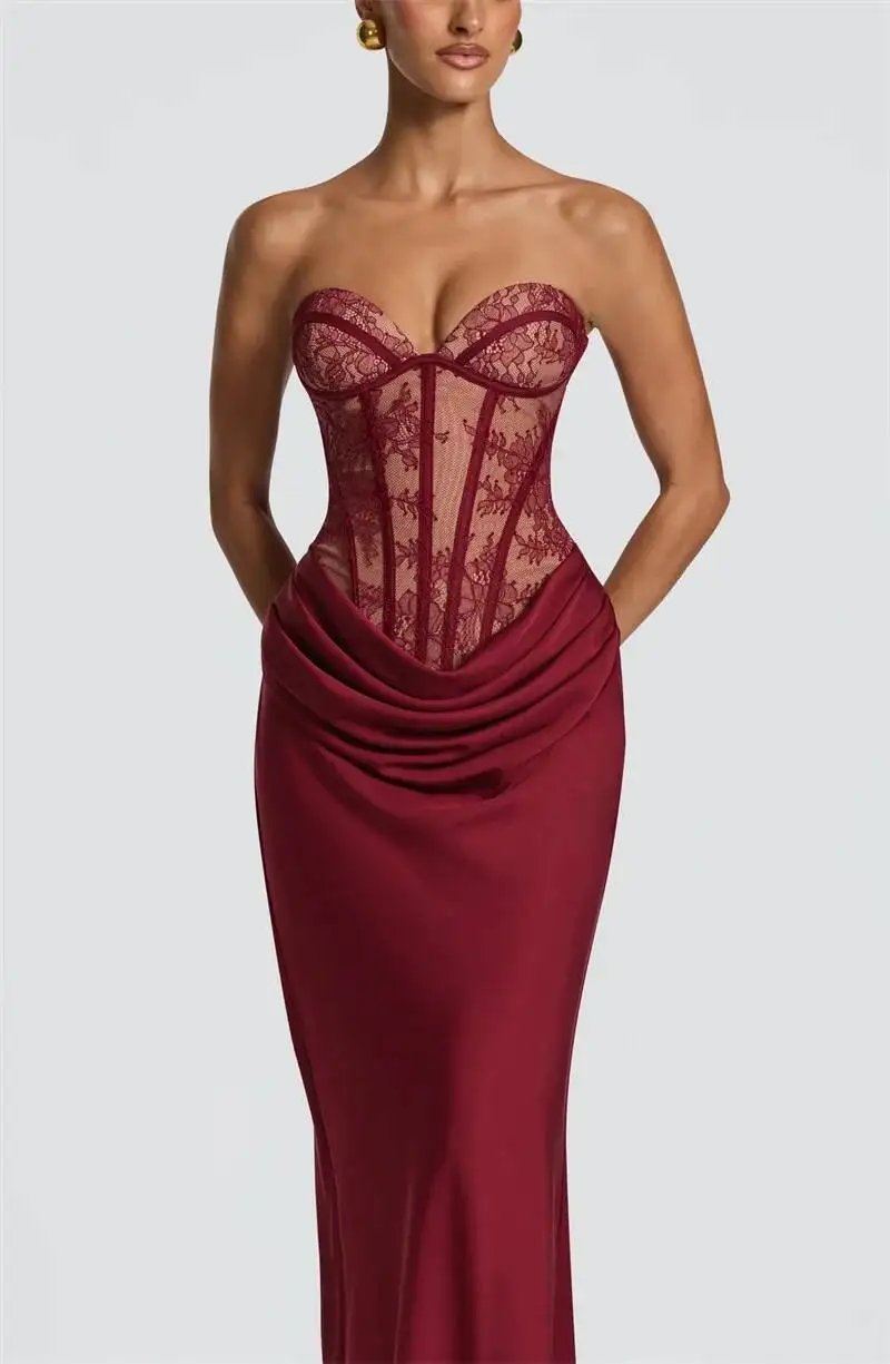 Fleepmart Lace Corset Satin Mermaid Maxi Dress Women Elegant Strapless Sweetheart Neck Ruched Waist Bodycon Evening Party Gown Fleepmart Lace Corset Satin Mermaid Maxi Dress Women Elegant Strapless Sweetheart Neck Ruched Waist Bodycon Evening Party Gown