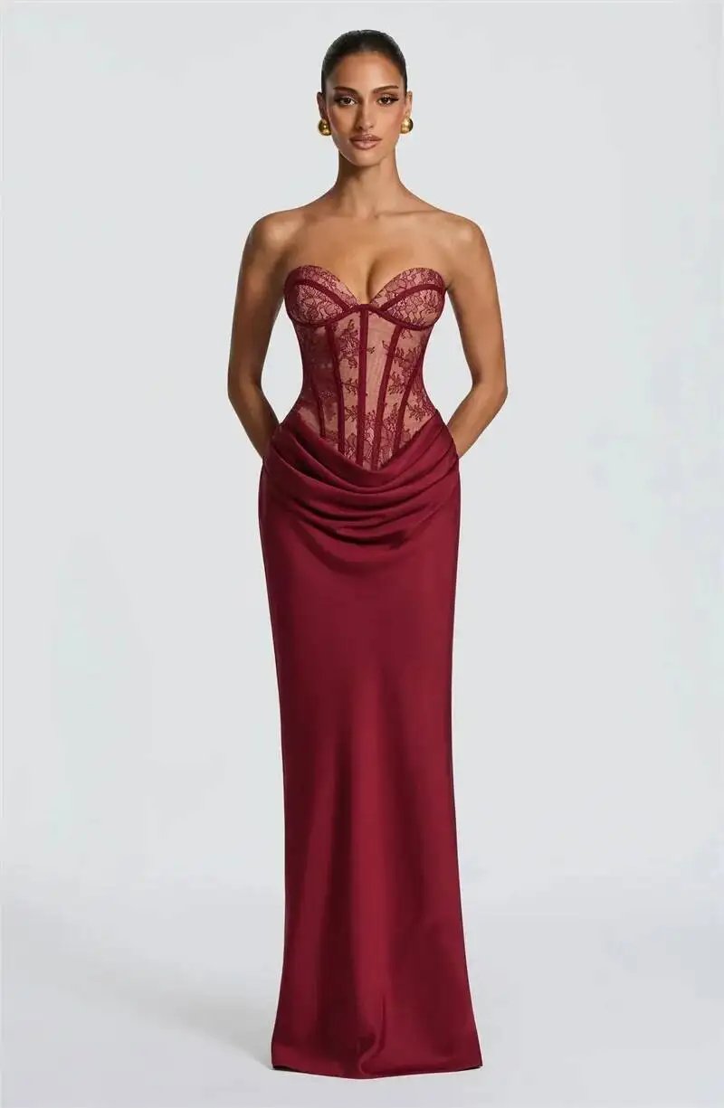 Fleepmart Lace Corset Satin Mermaid Maxi Dress Women Elegant Strapless Sweetheart Neck Ruched Waist Bodycon Evening Party Gown Fleepmart Lace Corset Satin Mermaid Maxi Dress Women Elegant Strapless Sweetheart Neck Ruched Waist Bodycon Evening Party Gown