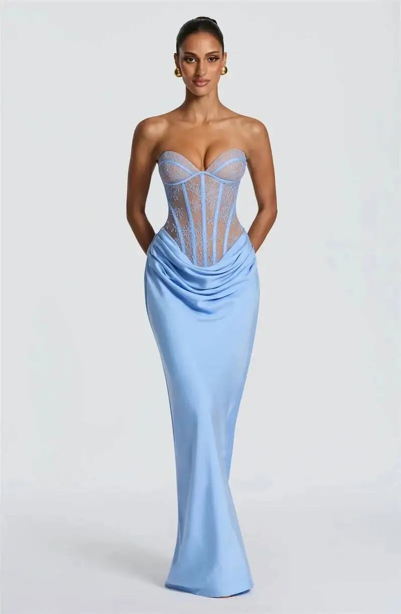 Fleepmart Lace Corset Satin Mermaid Maxi Dress Women Elegant Strapless Sweetheart Neck Ruched Waist Bodycon Evening Party Gown Fleepmart Lace Corset Satin Mermaid Maxi Dress Women Elegant Strapless Sweetheart Neck Ruched Waist Bodycon Evening Party Gown