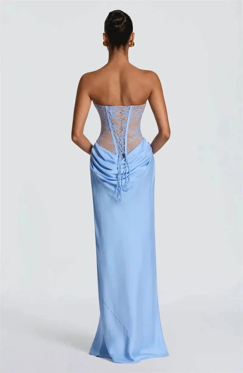 Fleepmart Lace Corset Satin Mermaid Maxi Dress Women Elegant Strapless Sweetheart Neck Ruched Waist Bodycon Evening Party Gown Fleepmart Lace Corset Satin Mermaid Maxi Dress Women Elegant Strapless Sweetheart Neck Ruched Waist Bodycon Evening Party Gown