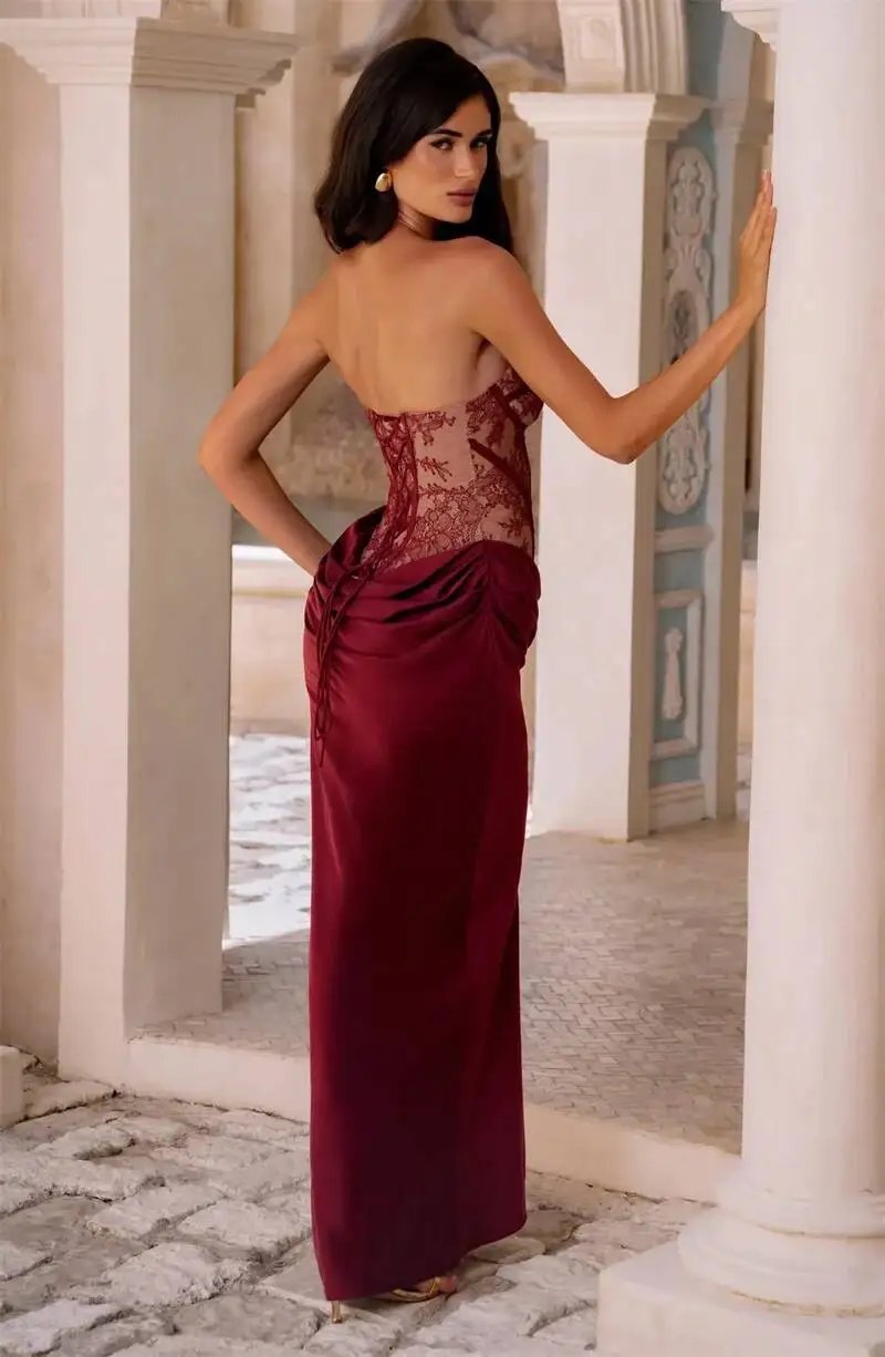 Fleepmart Lace Corset Satin Mermaid Maxi Dress Women Elegant Strapless Sweetheart Neck Ruched Waist Bodycon Evening Party Gown Fleepmart Lace Corset Satin Mermaid Maxi Dress Women Elegant Strapless Sweetheart Neck Ruched Waist Bodycon Evening Party Gown