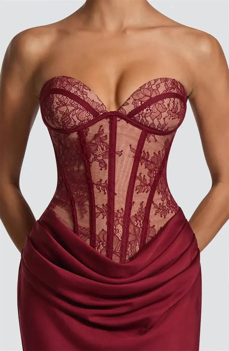 Fleepmart Lace Corset Satin Mermaid Maxi Dress Women Elegant Strapless Sweetheart Neck Ruched Waist Bodycon Evening Party Gown Fleepmart Lace Corset Satin Mermaid Maxi Dress Women Elegant Strapless Sweetheart Neck Ruched Waist Bodycon Evening Party Gown