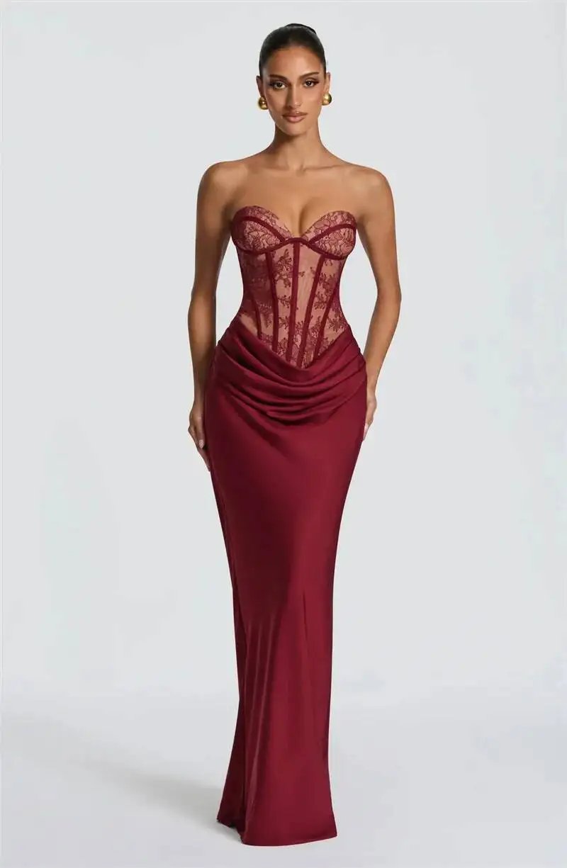 Fleepmart Lace Corset Satin Mermaid Maxi Dress Women Elegant Strapless Sweetheart Neck Ruched Waist Bodycon Evening Party Gown Fleepmart Lace Corset Satin Mermaid Maxi Dress Women Elegant Strapless Sweetheart Neck Ruched Waist Bodycon Evening Party Gown