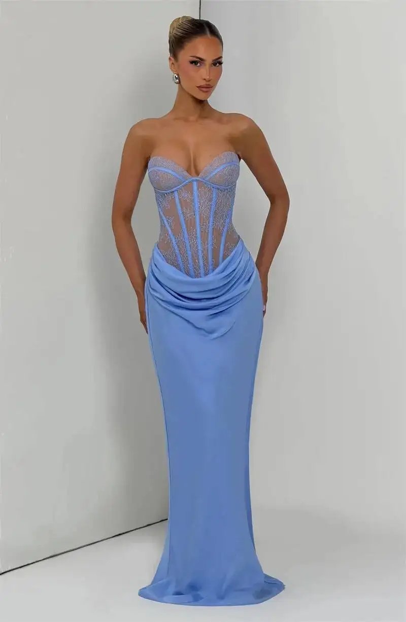 Fleepmart Lace Corset Satin Mermaid Maxi Dress Women Elegant Strapless Sweetheart Neck Ruched Waist Bodycon Evening Party Gown Fleepmart Lace Corset Satin Mermaid Maxi Dress Women Elegant Strapless Sweetheart Neck Ruched Waist Bodycon Evening Party Gown