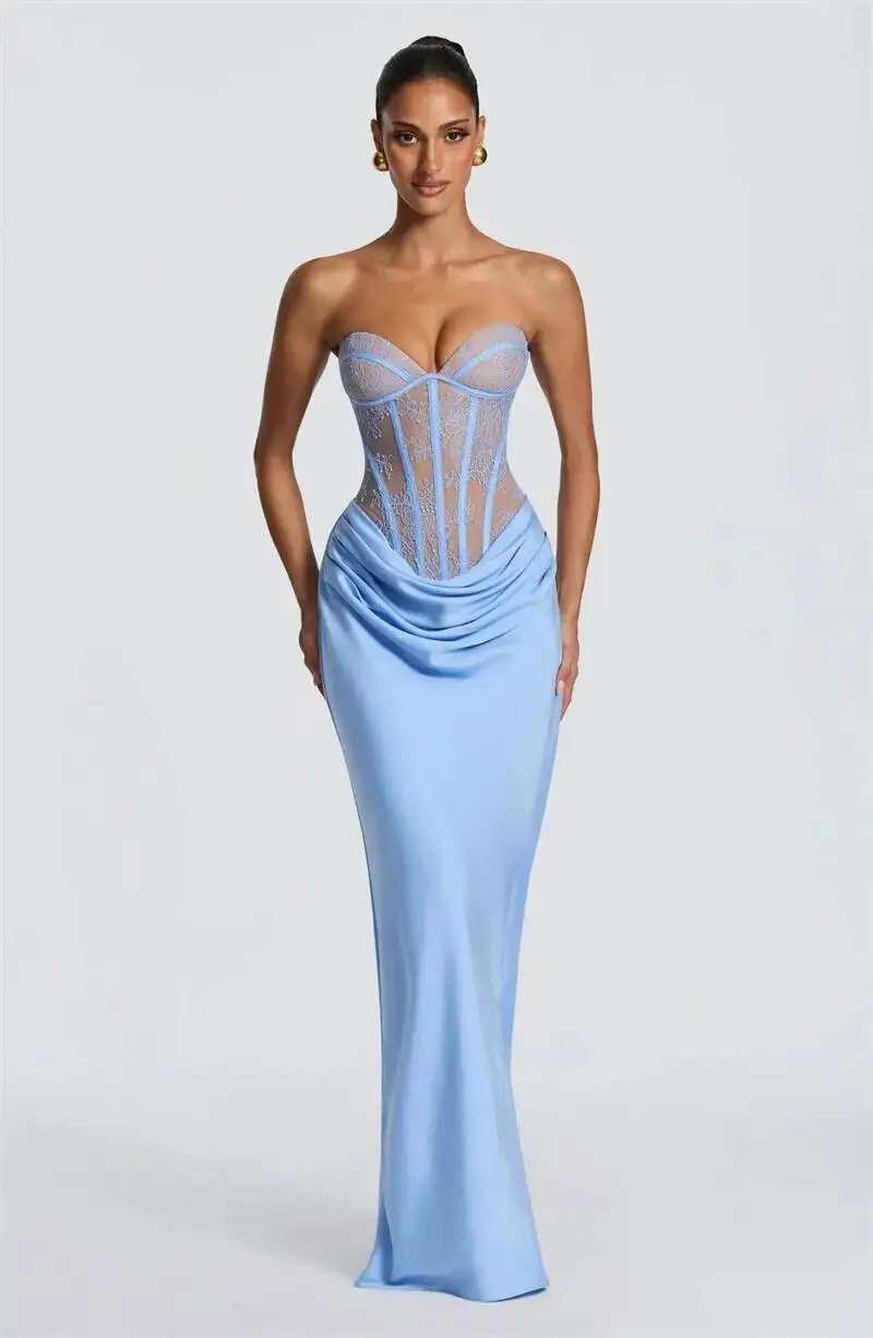 Fleepmart Lace Corset Satin Mermaid Maxi Dress Women Elegant Strapless Sweetheart Neck Ruched Waist Bodycon Evening Party Gown Fleepmart Lace Corset Satin Mermaid Maxi Dress Women Elegant Strapless Sweetheart Neck Ruched Waist Bodycon Evening Party Gown