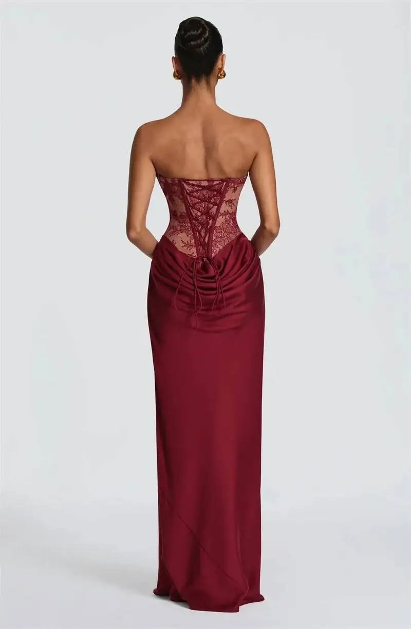 Fleepmart Lace Corset Satin Mermaid Maxi Dress Women Elegant Strapless Sweetheart Neck Ruched Waist Bodycon Evening Party Gown Fleepmart Lace Corset Satin Mermaid Maxi Dress Women Elegant Strapless Sweetheart Neck Ruched Waist Bodycon Evening Party Gown