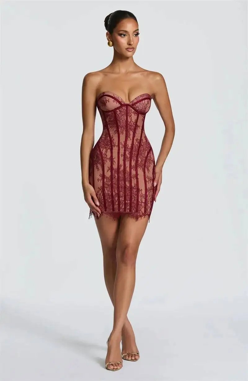 Fleepmart Lace Strapless Mermaid Mini Dress Women Sweetheart Neck Sheer Mesh Bodycon Short Gown Evening Party Cocktail Vestidos