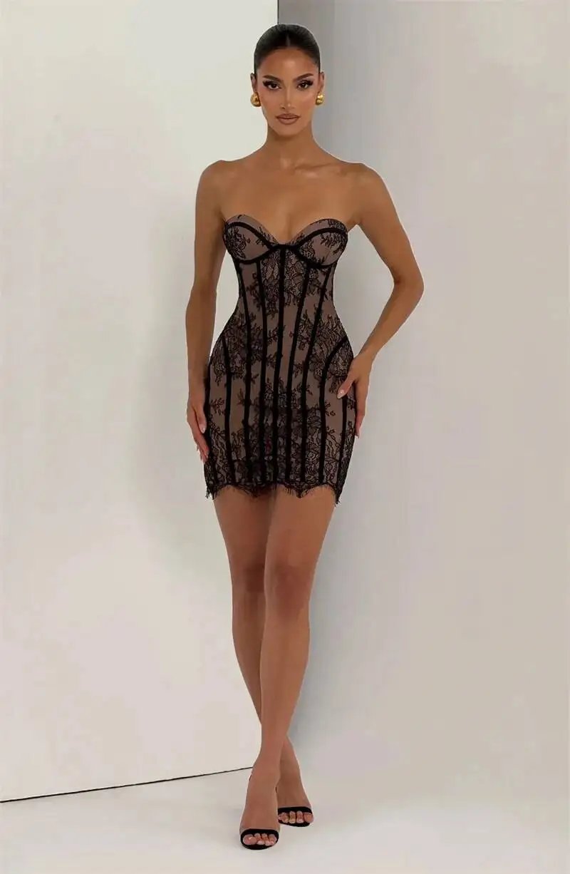 Fleepmart Lace Strapless Mermaid Mini Dress Women Sweetheart Neck Sheer Mesh Bodycon Short Gown Evening Party Cocktail Vestidos