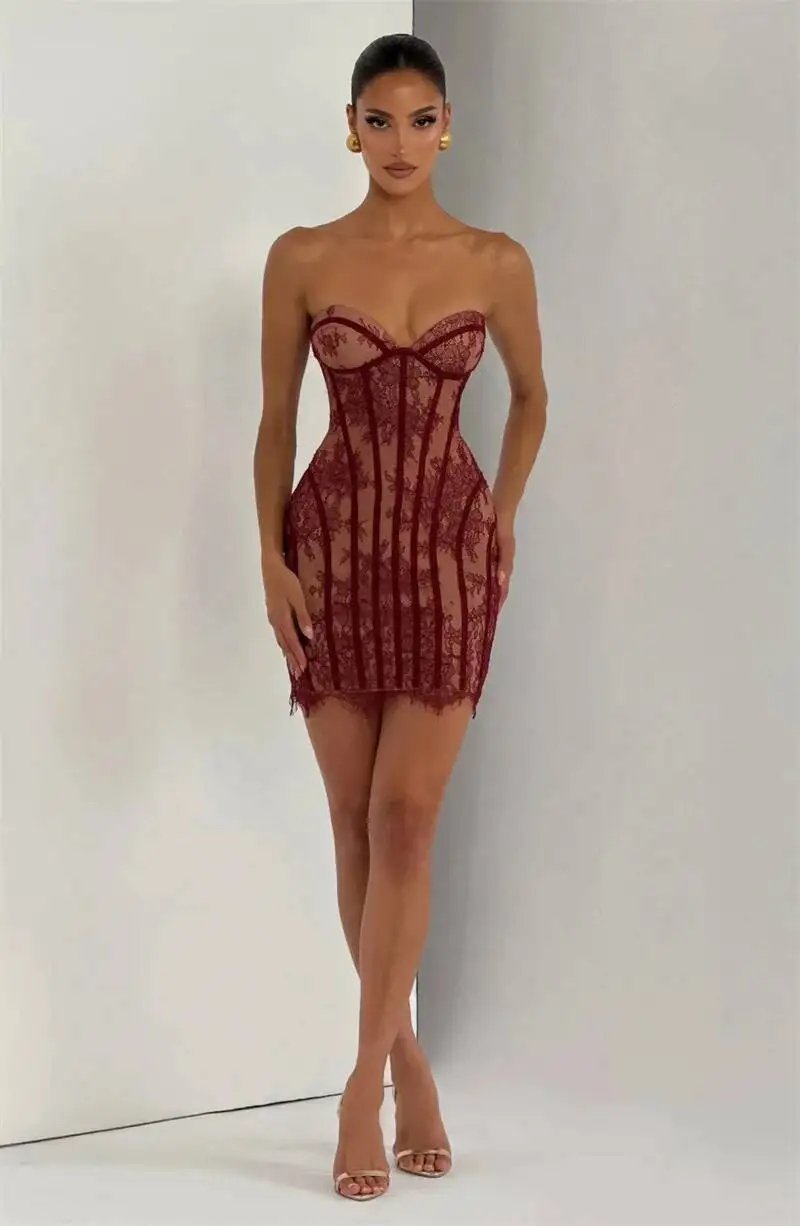 Fleepmart Lace Strapless Mermaid Mini Dress Women Sweetheart Neck Sheer Mesh Bodycon Short Gown Evening Party Cocktail Vestidos