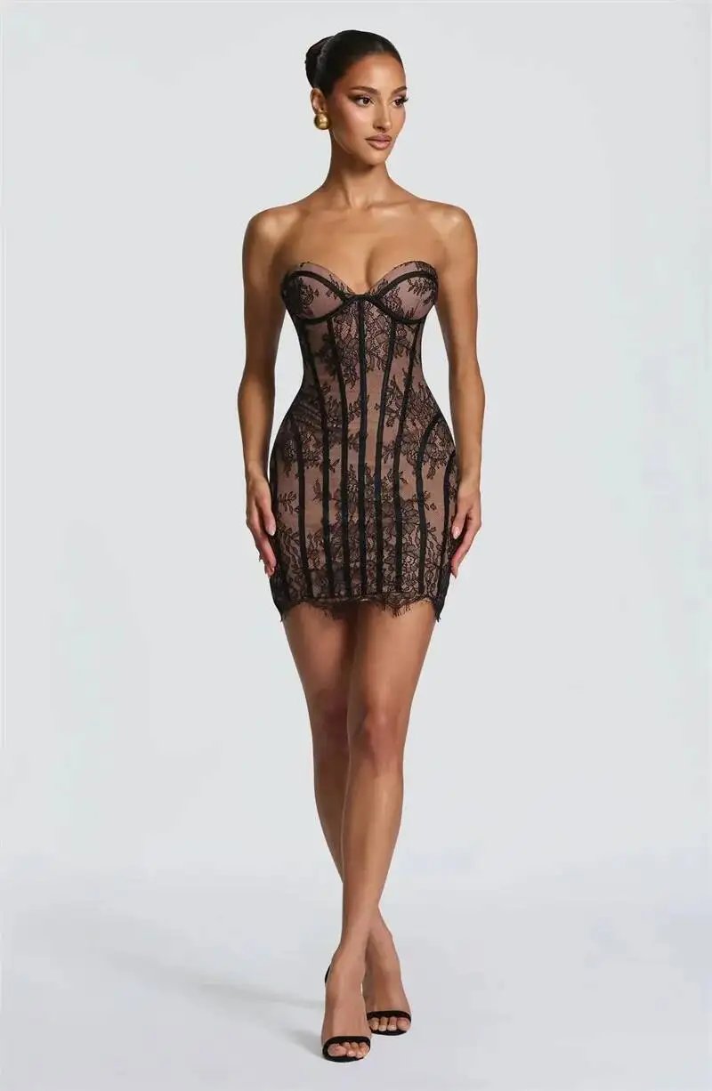 Fleepmart Lace Strapless Mermaid Mini Dress Women Sweetheart Neck Sheer Mesh Bodycon Short Gown Evening Party Cocktail Vestidos