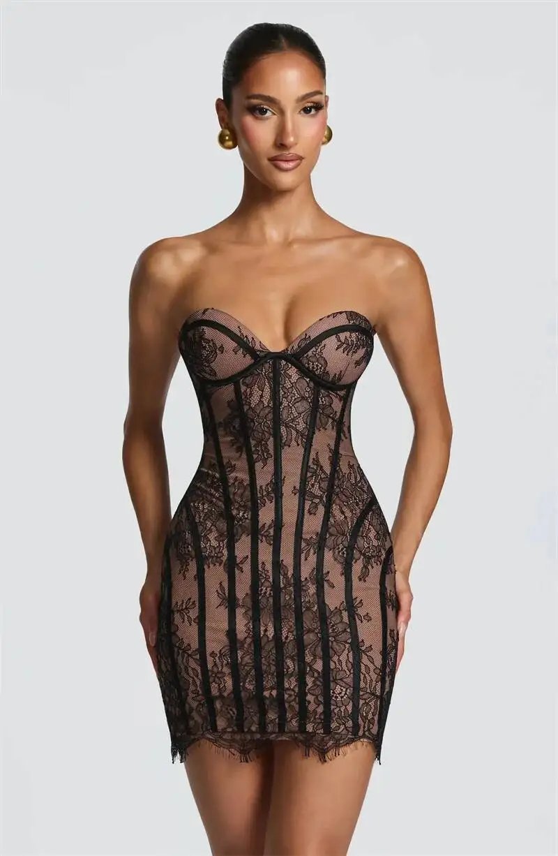 Fleepmart Lace Strapless Mermaid Mini Dress Women Sweetheart Neck Sheer Mesh Bodycon Short Gown Evening Party Cocktail Vestidos