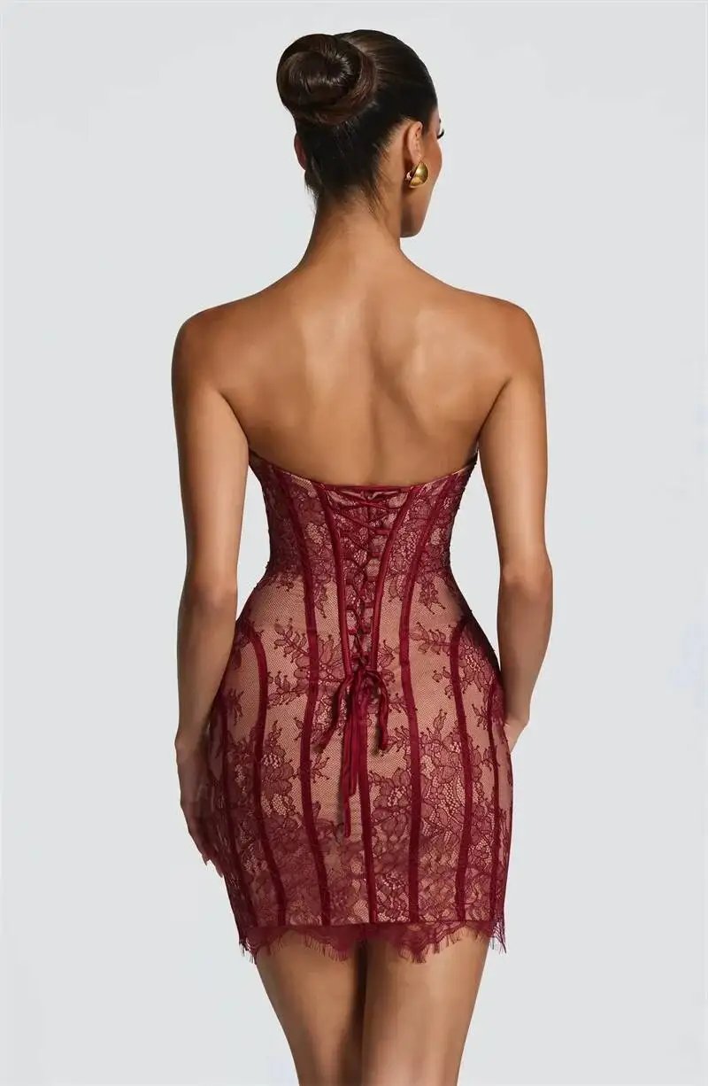 Fleepmart Lace Strapless Mermaid Mini Dress Women Sweetheart Neck Sheer Mesh Bodycon Short Gown Evening Party Cocktail Vestidos