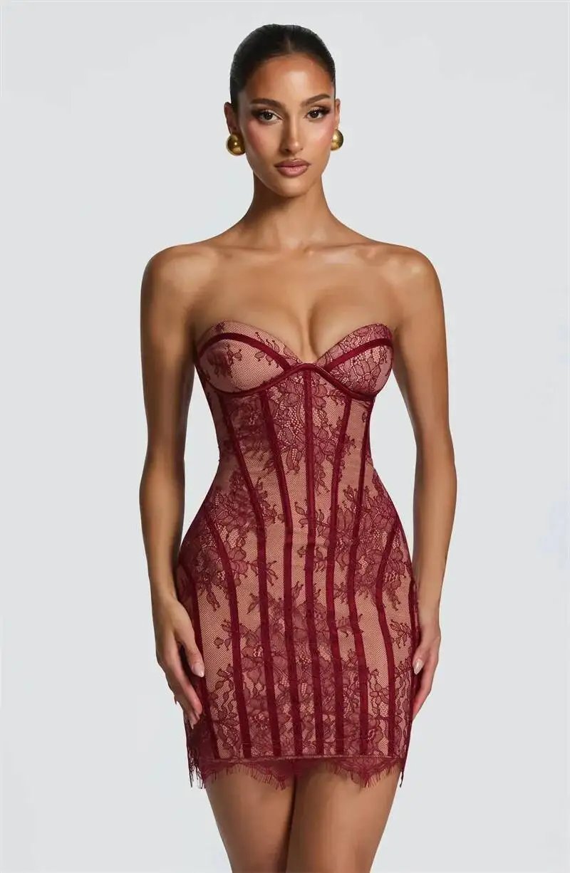 Fleepmart Lace Strapless Mermaid Mini Dress Women Sweetheart Neck Sheer Mesh Bodycon Short Gown Evening Party Cocktail Vestidos